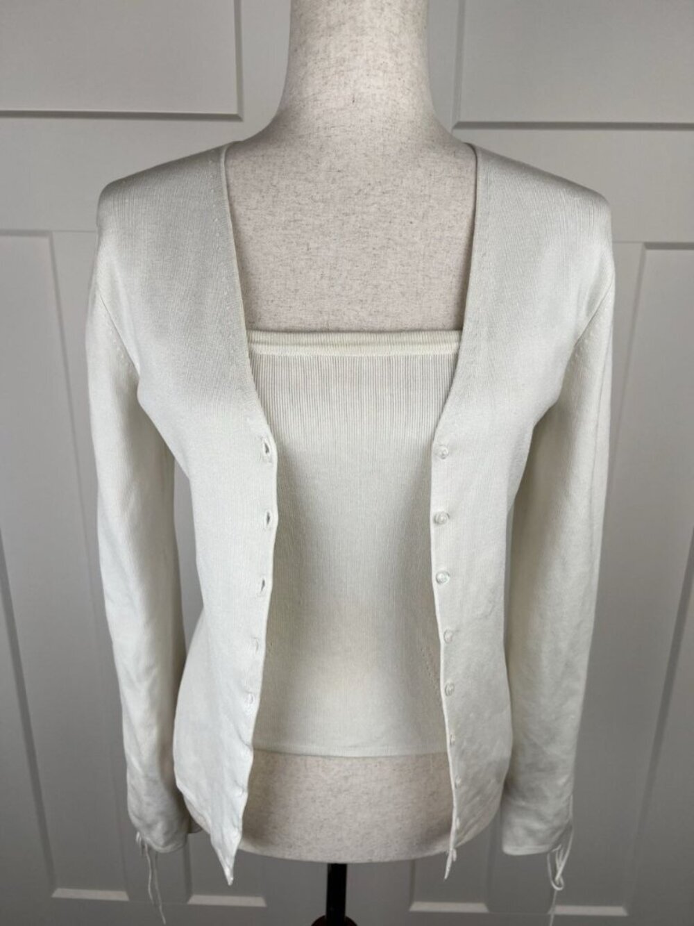 Cache Silk Blend Cardigan & Cami Set M Ivory Lace Up Sleeve Button Front Y2K